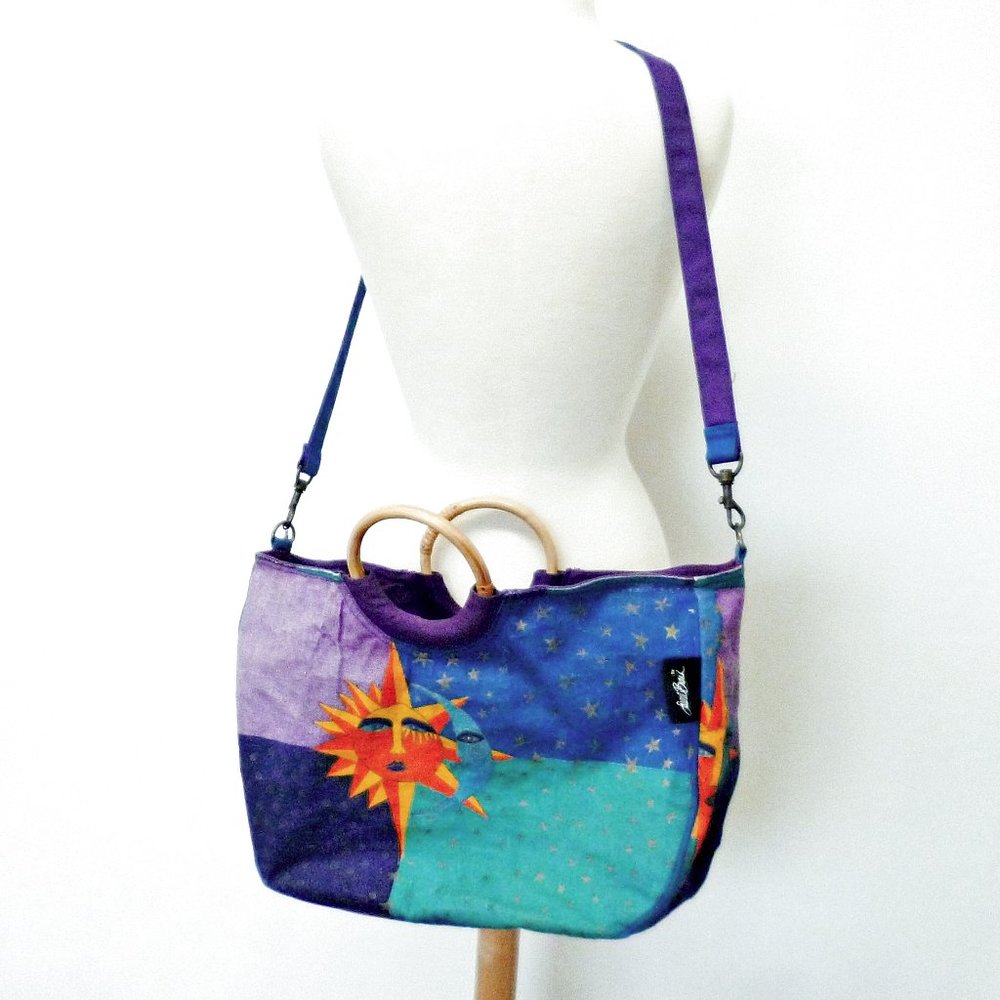 Laurel Burch Canvas Bag with Bamboo Handles Celestial Print